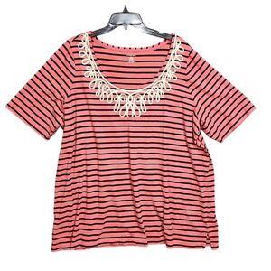 Lands' End Women's Plus Size 3X Striped Tee Top Embroidered Embellished Neckline